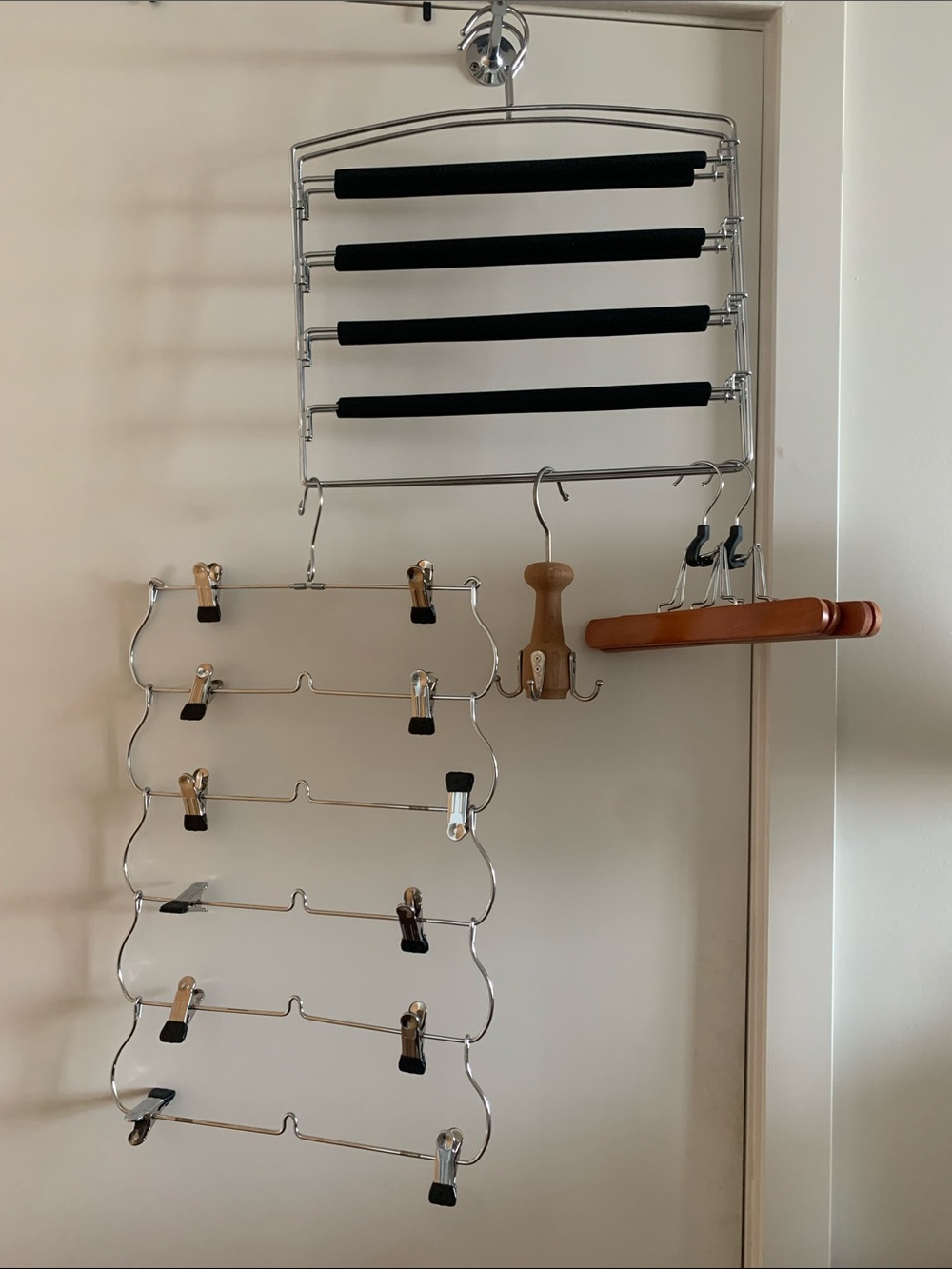 6 pieces, Closet Chrome Multi-Tier and Wooden Pants Hanger with Black Foam Bars